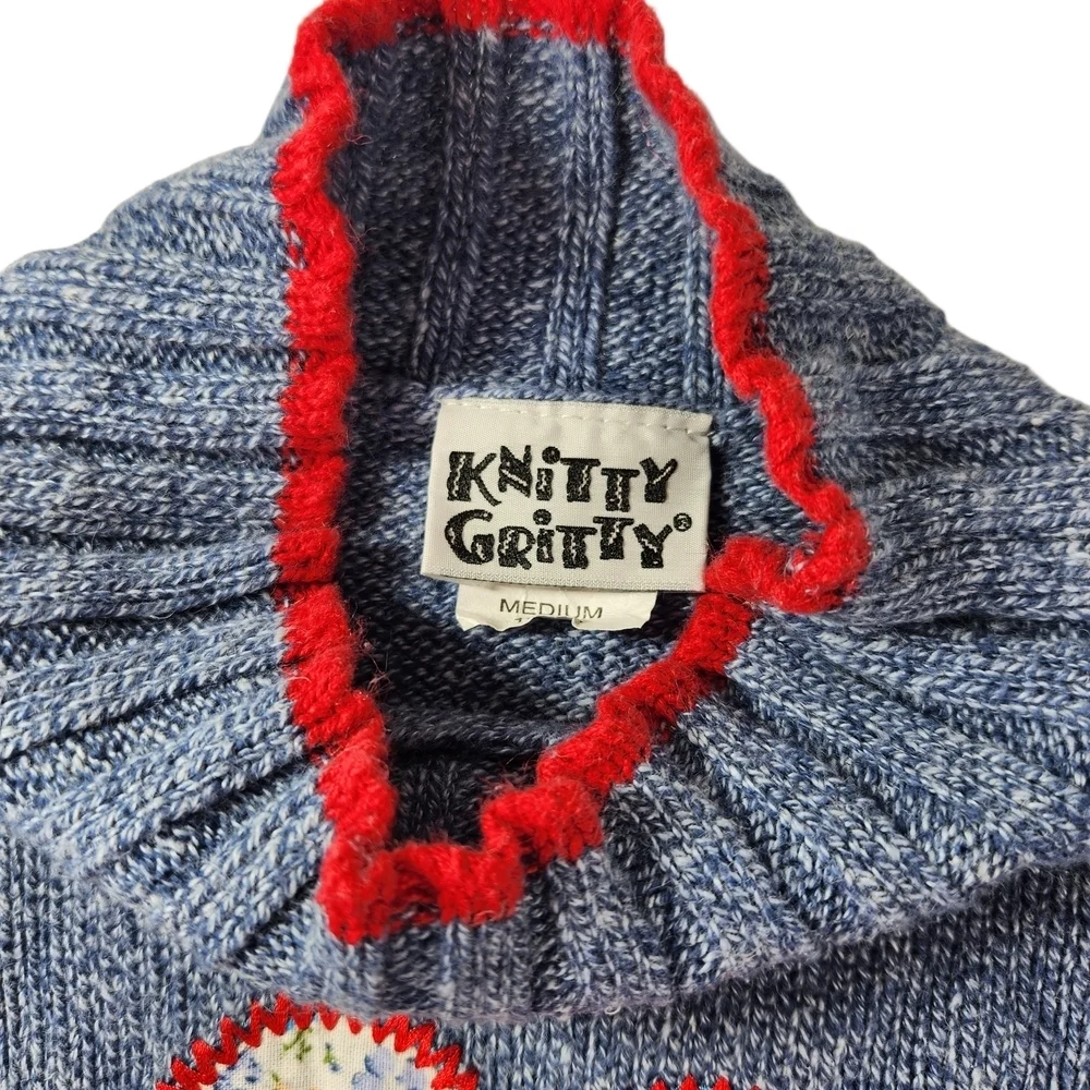 Knitty Gritty Girls Sweater Blue Mock Neck Medium Flower Patch Hippie Boho